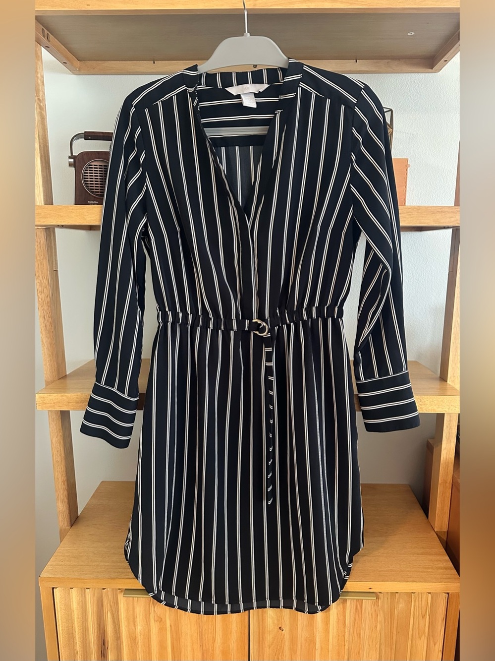 H&M Long Sleeve Dress in Black with White & Beige Vertical Stripes - size 6